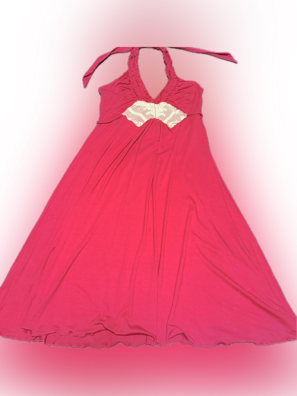 Women’s Hot Pink Halter Maxi Dress with Cream Lace Detail